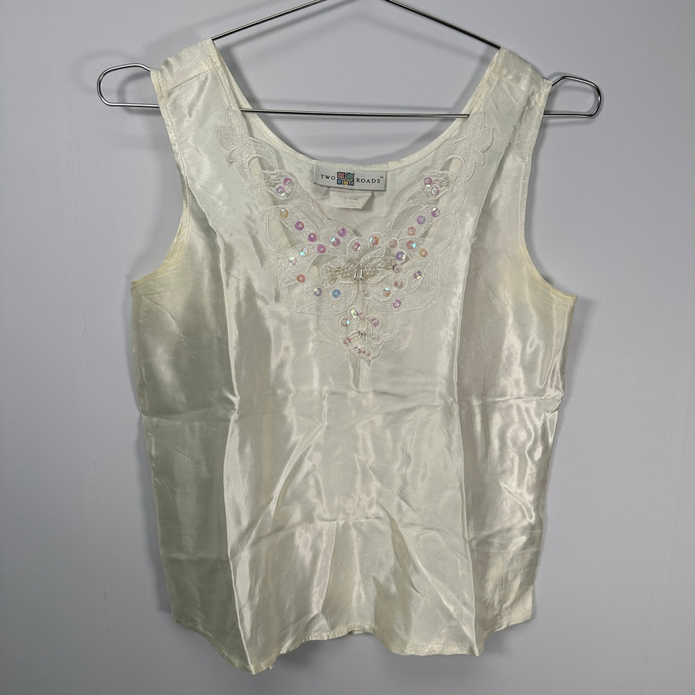 Vintage Faux Silk White‎ Beaded Chemise Tank Blouse Small